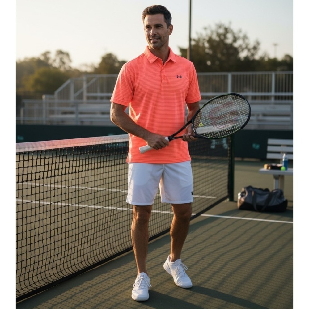 Under Armour Polo Shirt Mens  Orange Stripe Black Loose - L